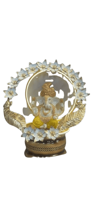 Gold and White Resin गणेश Idol with Floral Frame