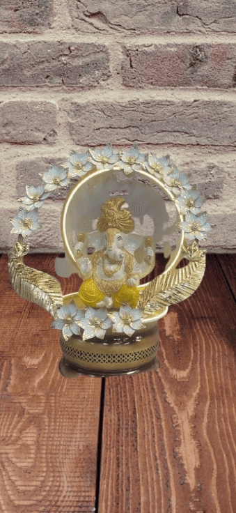 Gold and White Resin गणेश Idol with Floral Frame view 2