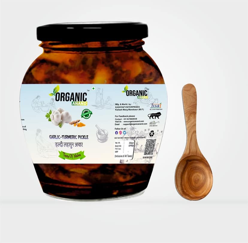 Organic Anand Homemade Garlic Turmeric Pickle 350gm Kachi Haldi and Lahsoon/Lassan/Lahsun Ka Achaar with Neemwood Spoon Flavourful, Delicious, Traditional Taste (Pack of 1) view 3