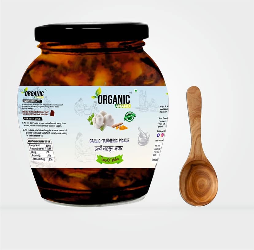 Organic Anand Homemade Garlic Turmeric Pickle 350gm Kachi Haldi and Lahsoon/Lassan/Lahsun Ka Achaar with Neemwood Spoon Flavourful, Delicious, Traditional Taste (Pack of 1) view 4
