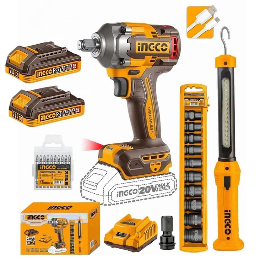 Ingco 1/2" Cordless ImpactSquare Drive Wrench Kit Without Box, 400 N.M, 2 X 2.0 Ah Batteries, 10-Piece Socket Set, LED Work Light, 10-Piece Screwdriver Bit