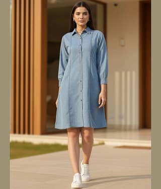 Addyvero Women Denim Solid A-line Dress ( Light Blue )