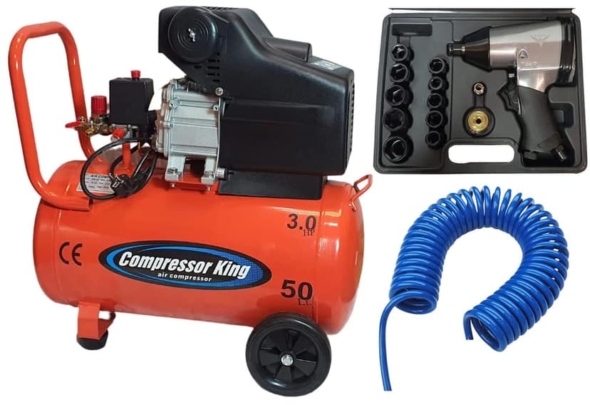 Compressor King 3Hp 50L Lubricated Air Compressor With 100% Copper Winding (WITH IMPACT WRENCH 350 AND PU PIPE)