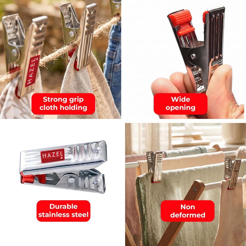 HAZEL Stainless Steel Clips for Clothes Drying , Cloth Clips for Drying Cloth (A Shape Clips, Set of 12) view 4