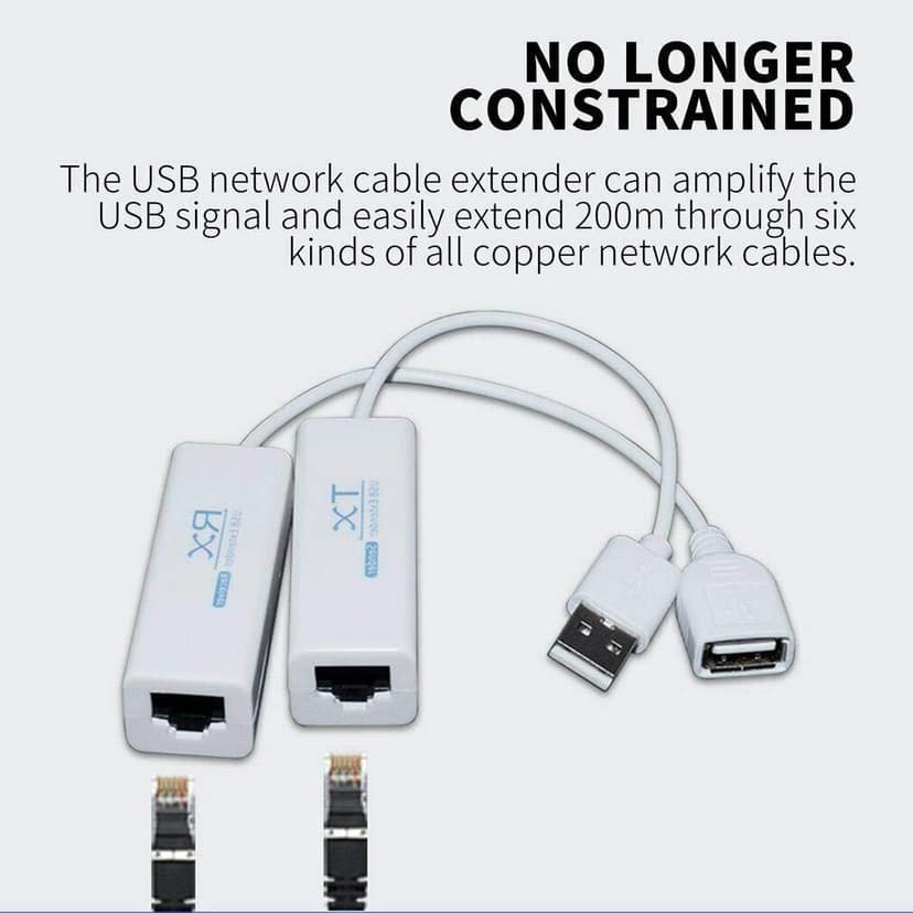 USB LAN Extender USB Male to RJ45 + USB Female Over Cat5/5e/6 Extension Adapter Up to 200 Meter Length LAN Extension Adapter for Cameras,Printers, Keyboard, Mouse view 2