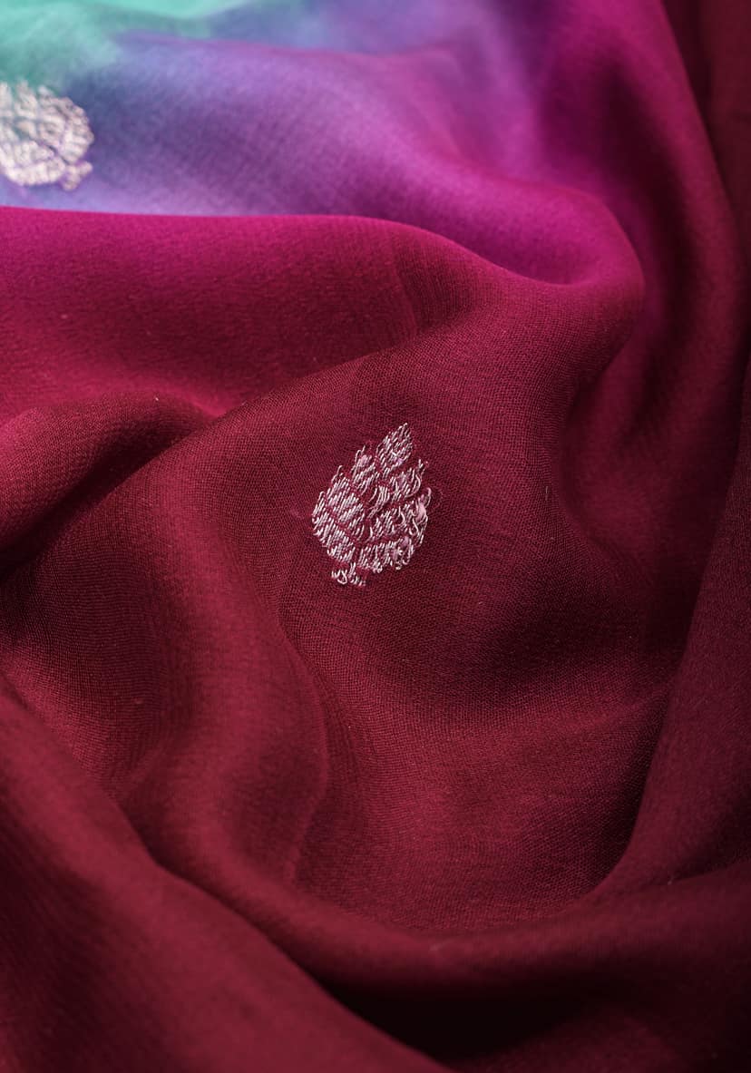 Banarasi Pure Silk Chiffon Ombré Saree with Elongated Paisley Border in Pallu With Green & Maroon | SILK MARK CERTIFIED view 8