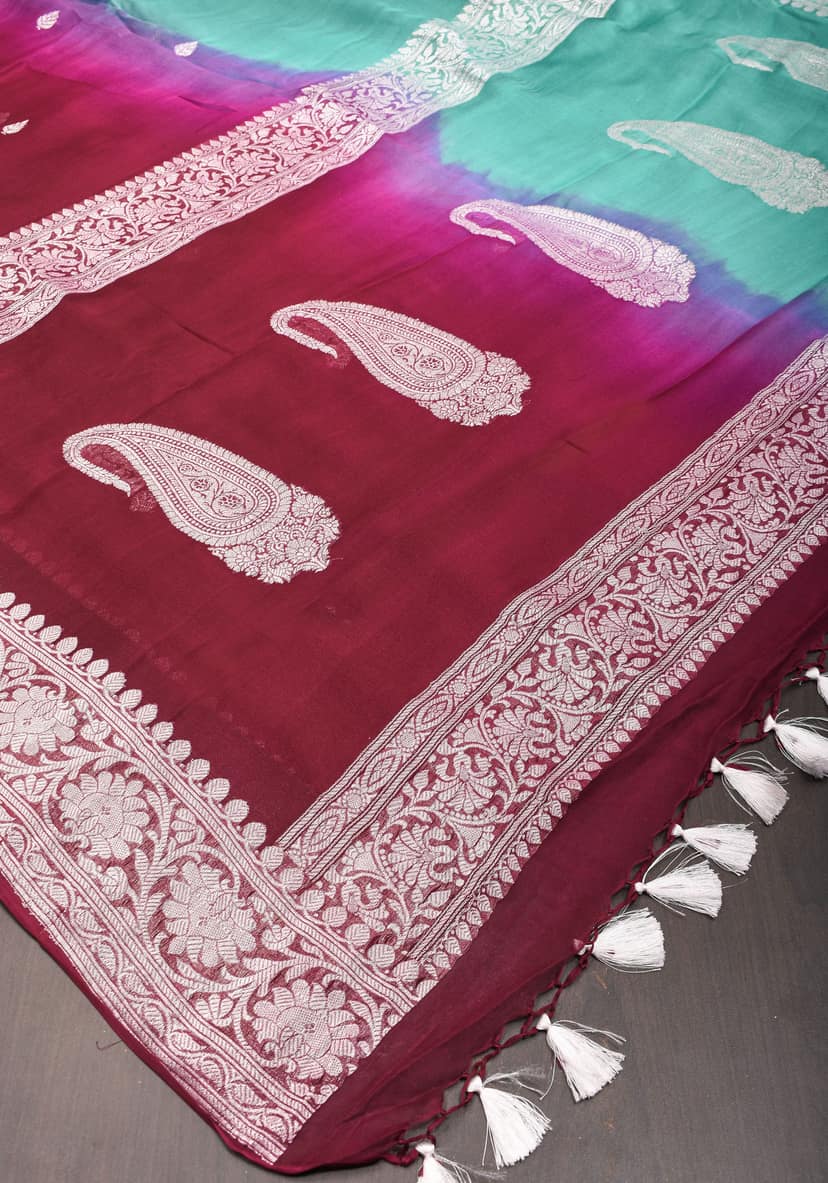 Banarasi Pure Silk Chiffon Ombré Saree with Elongated Paisley Border in Pallu With Green & Maroon | SILK MARK CERTIFIED view 9