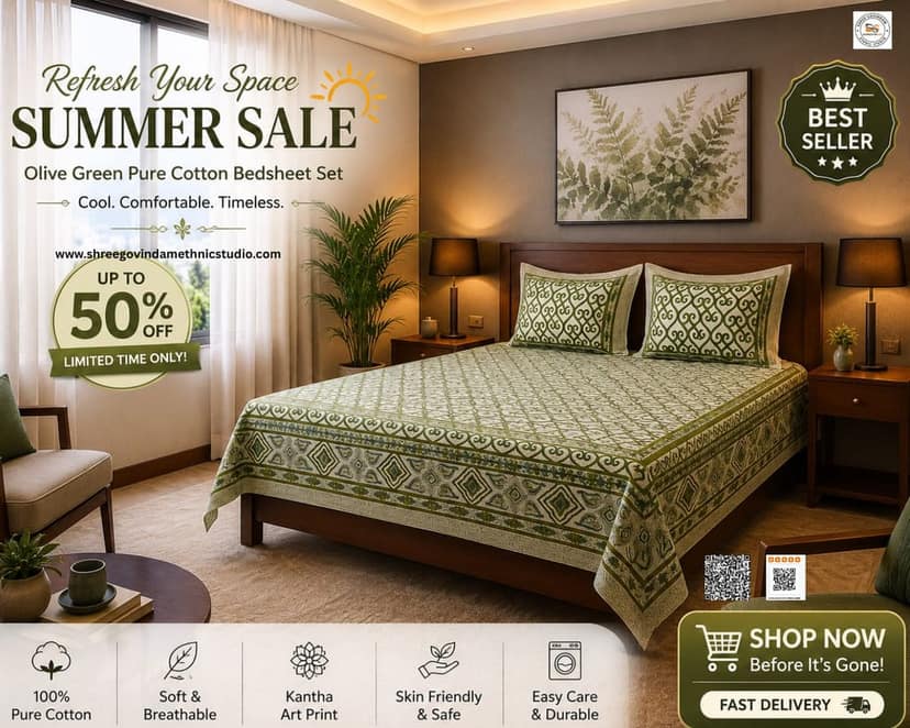 DHRUVINSRI Cotton Hand Block Print Bedsheet Set, Olive Green Jaipuri Print, 100x108 Inch, Double King Size Bed Cotton bedsheet, 275 * 264, Bed Sheet with 2 Pillow Covers view 4