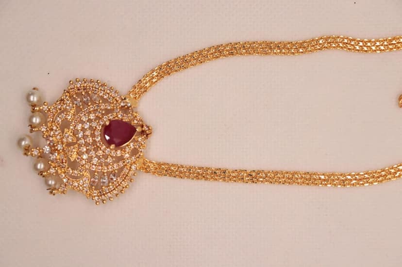 Gold Plated AD Stone Pendant Set with Ruby Stone and Pearls view 4