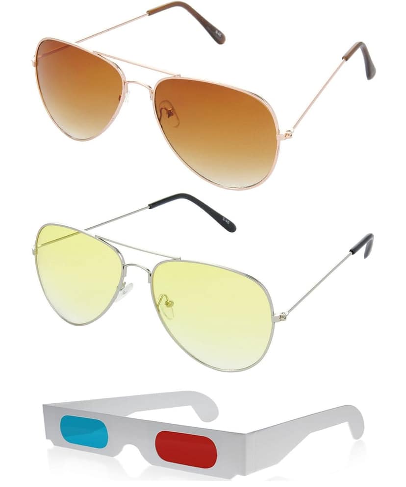 HRINKAR Pilot Stylish Sunglasses For Men And Women (Brown And Yellow Lens | Gold And Silver Frame - HCMB032) With Free Paper 3D Glass