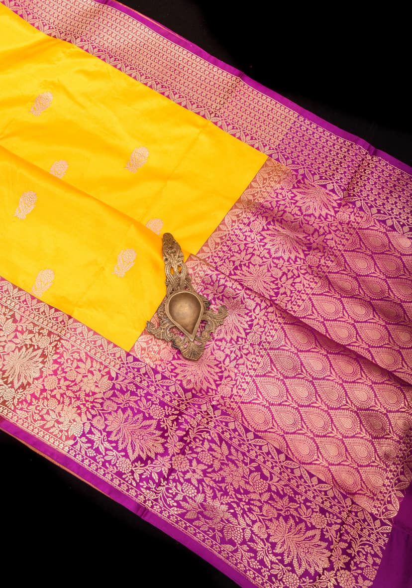 Yellow Banarasi Katan Silk Saree with Zari buttas and Magenta contrast Border | SILK MARK CERTIFIED view 4