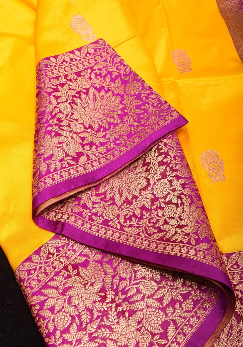 Yellow Banarasi Katan Silk Saree with Zari buttas and Magenta contrast Border | SILK MARK CERTIFIED view 5