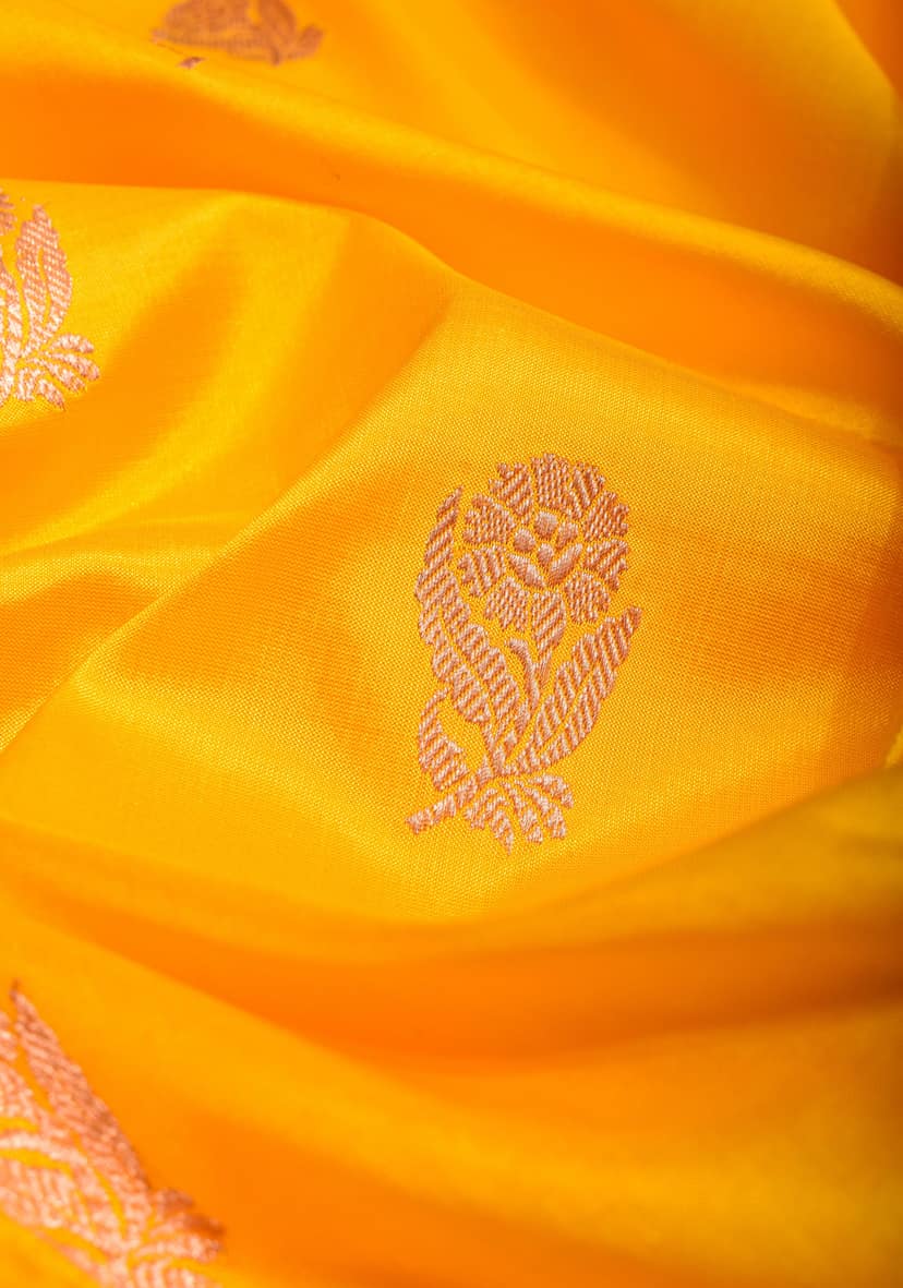 Yellow Banarasi Katan Silk Saree with Zari buttas and Magenta contrast Border | SILK MARK CERTIFIED view 6