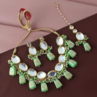 LUCKY JEWELLERY Back Meenakari 18k Gold Plated Green Color Tika Earring Combo Uncut Big Faux Kundan Choker Necklace set