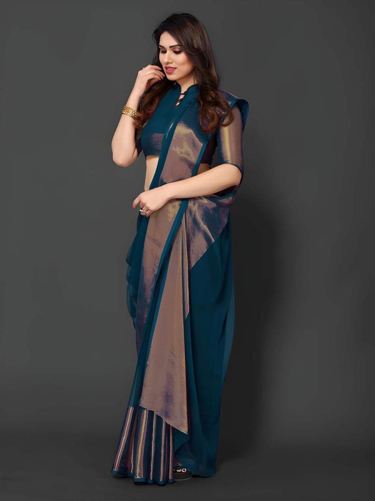 WUGO Women's Teal Blue Organza Saree with Golden Zari Border | Elegant Party Wear, Wedding, Festive & Traditional Saree with Unstitched Blouse Piece view 4