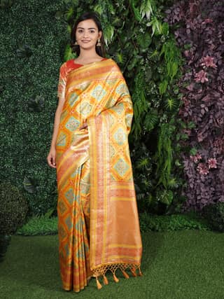 Yavira silk Women's Yellow Printed Jacquard Saree