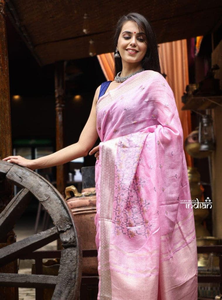 Utsaav ~ Pure Handmade Linen in Fresh Pastel Pink with Embroidery view 2