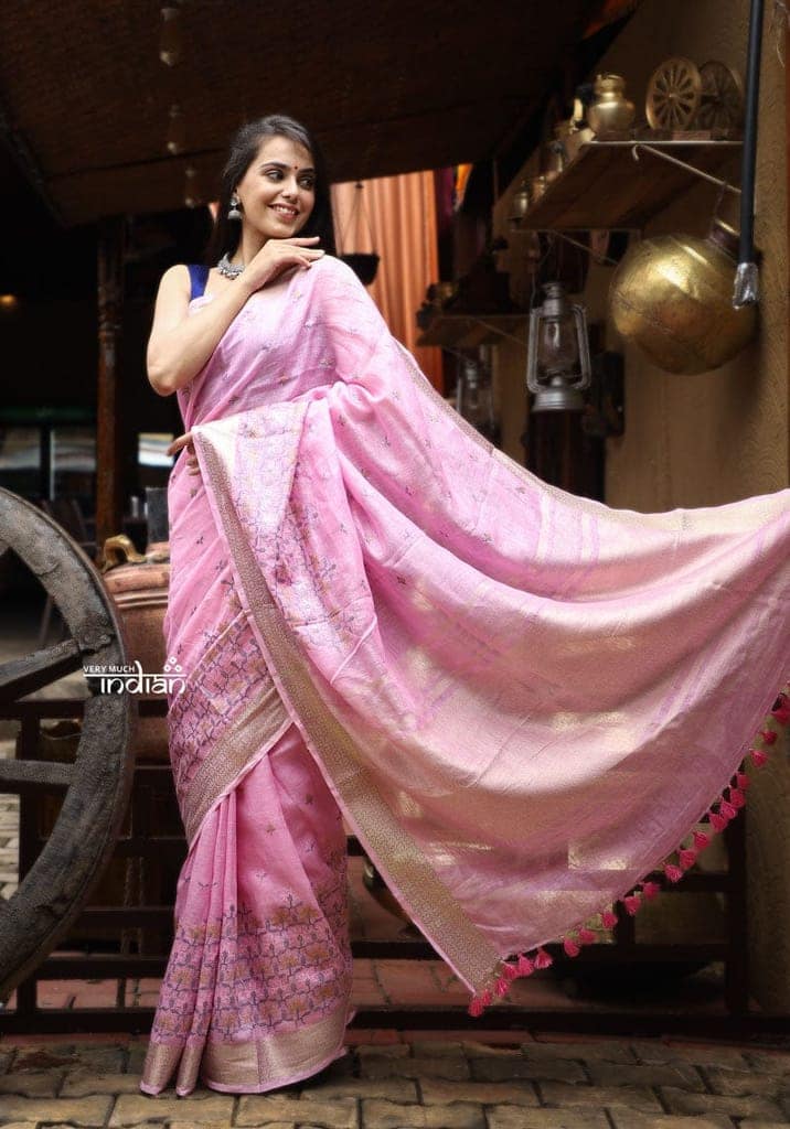 Utsaav ~ Pure Handmade Linen in Fresh Pastel Pink with Embroidery view 3