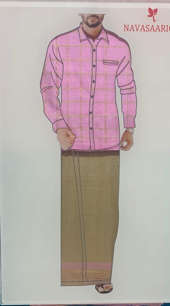 NVHSVBP002-Pink Handloom silk Veshti And Babypink Handloom Silk Shirt 2.5 meters view 3
