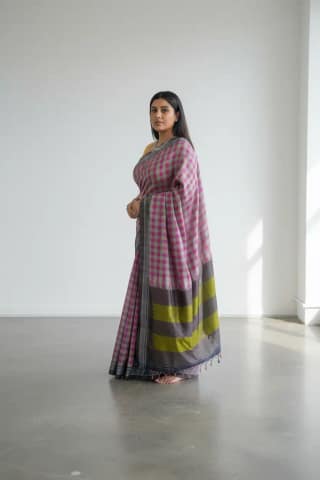 Handwoven Ilkal Cotton Saree in Pink, Green and Silver Checks