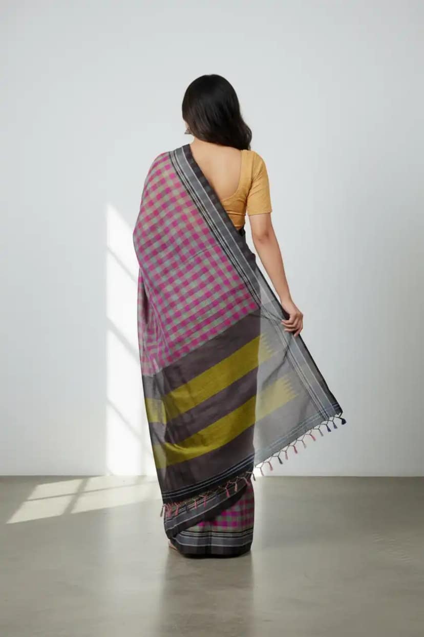 Handwoven Ilkal Cotton Saree in Pink, Green and Silver Checks view 2