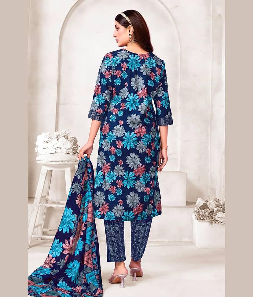 shree jeenmata collection Women Cotton Printed Straight Kurti With Pants ( Blue ) view 2