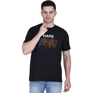 Life Dream Mens Black Batik Print Cotton Blend Round Neck T-Shirt