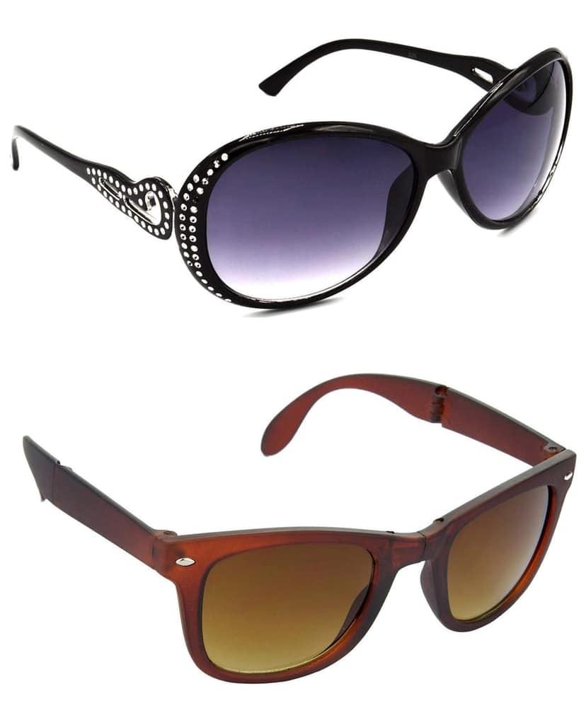 Hrinkar Unisex Round Sunglasses Silver & Brown Frame, Grey & Brown Lens (Medium) - Pack of 2