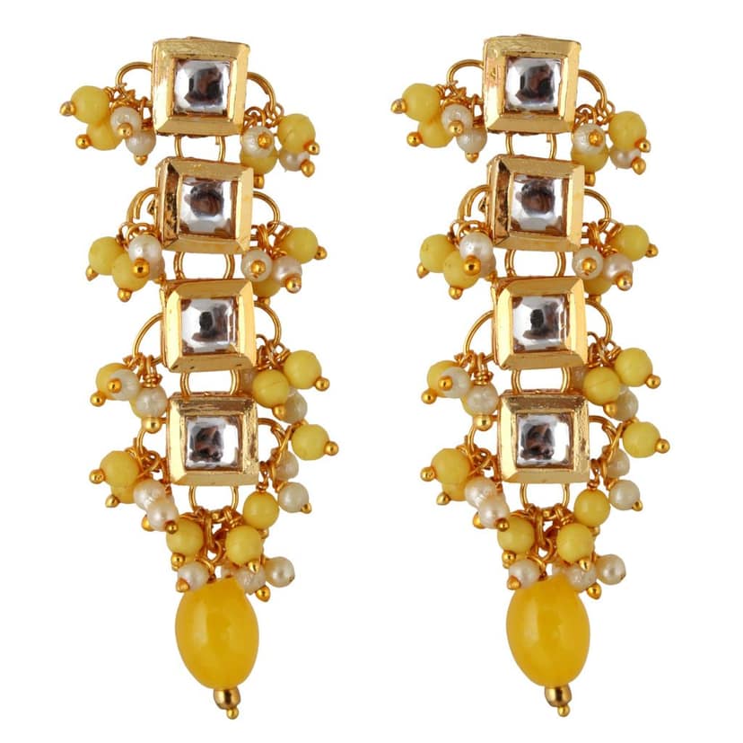 Lucky Jewellery Traditional Back Meenkari Gold Plated uncut kundan Yellow Earrings (195-J5EK-1664-Y) view 2
