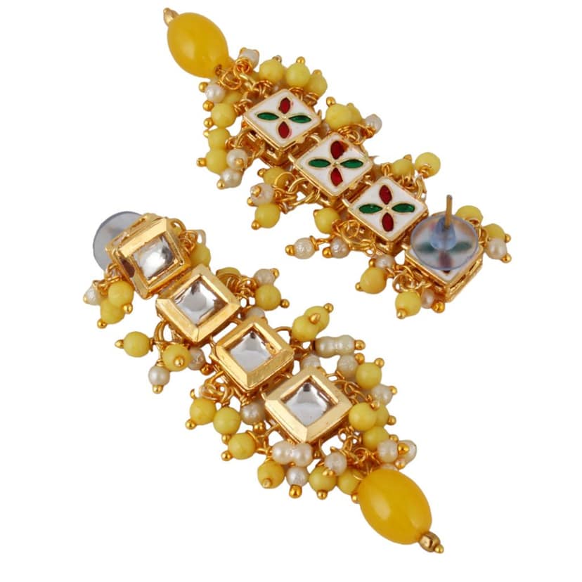 Lucky Jewellery Traditional Back Meenkari Gold Plated uncut kundan Yellow Earrings (195-J5EK-1664-Y) view 3