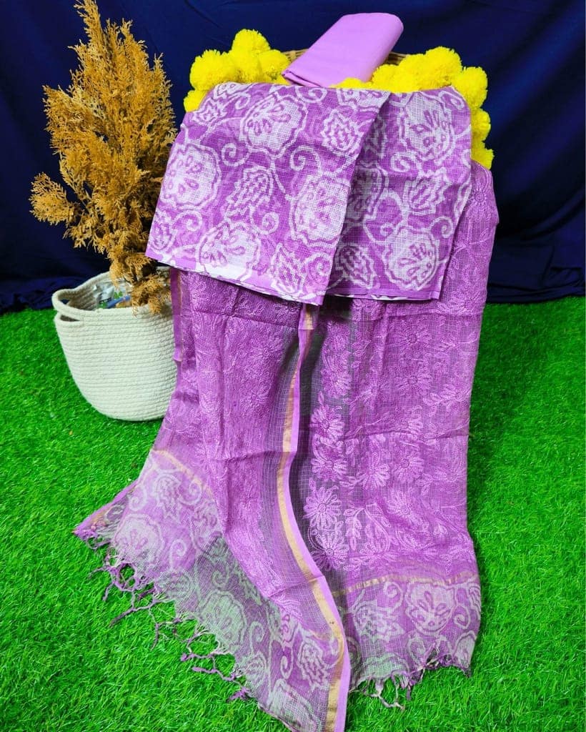 Pure Cotton Kota Doria Suit (Top+Bottom+Dupatta) Lavender Color with heavy embroidered Dupatta-9961 view 2