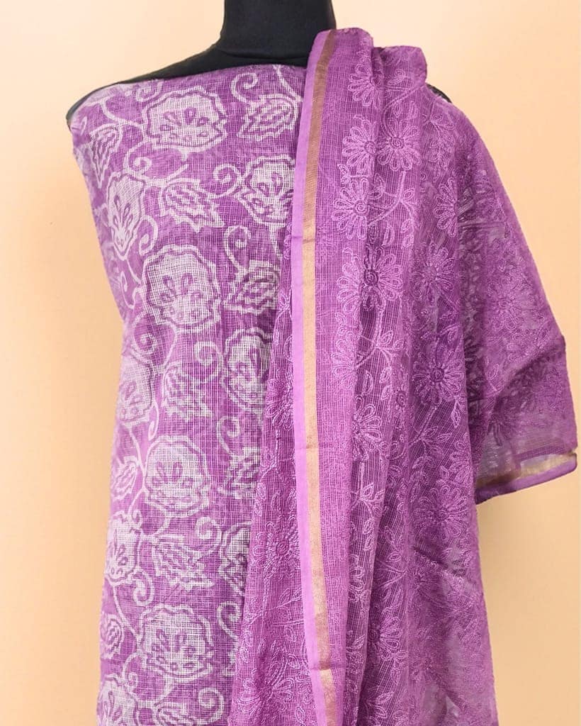 Pure Cotton Kota Doria Suit (Top+Bottom+Dupatta) Lavender Color with heavy embroidered Dupatta-9961 view 5