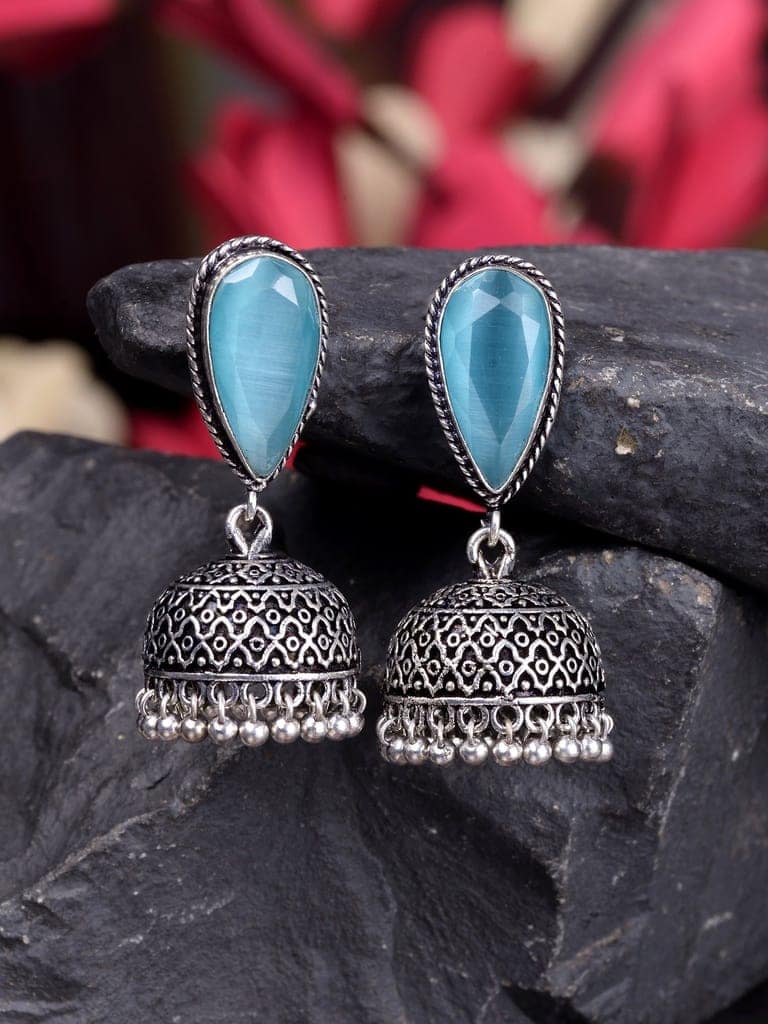 Oxidised Silver Turquoise Stone Studded Filigree Jhumka Earrings view 2