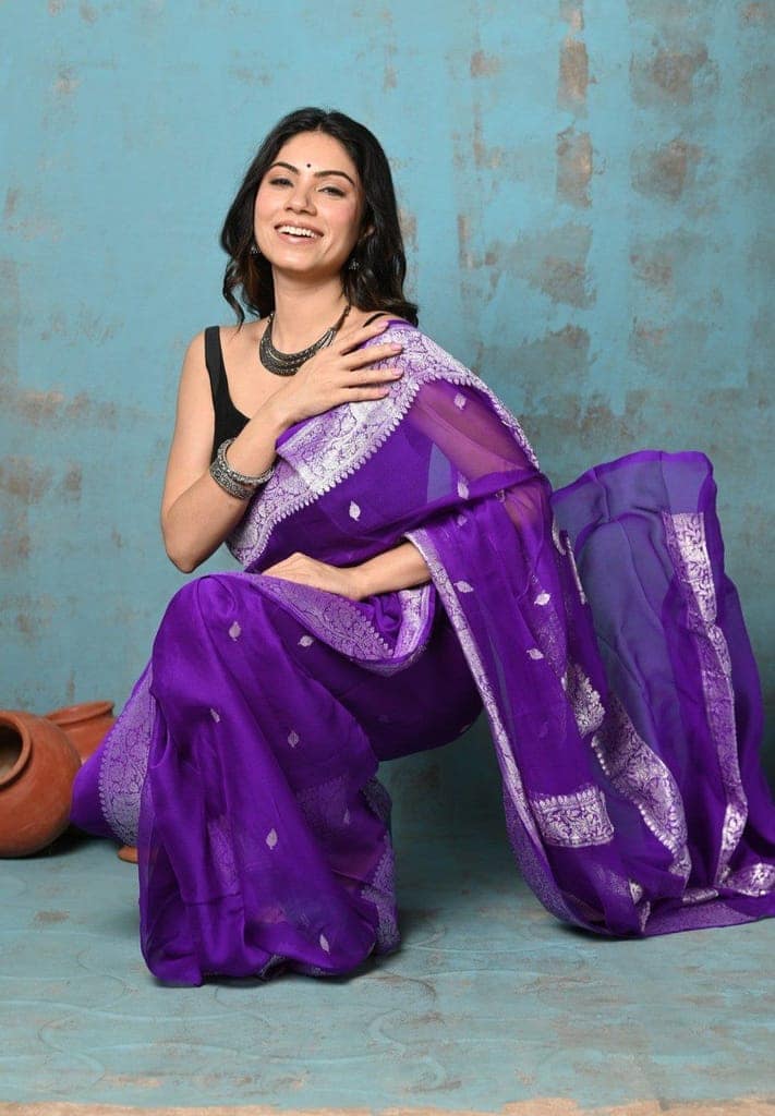Suhaani ~ Handloom Khaddi Georgette Saree With Sleek Border ~ Purple (Silk Mark) view 2