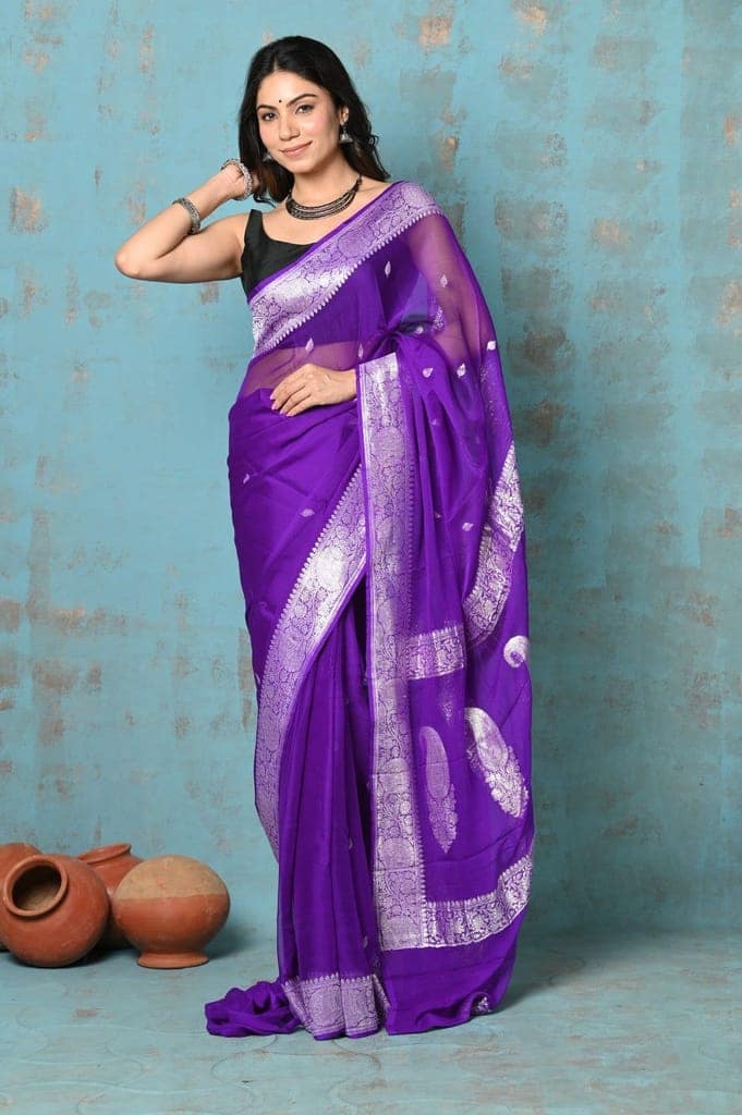 Suhaani ~ Handloom Khaddi Georgette Saree With Sleek Border ~ Purple (Silk Mark) view 3