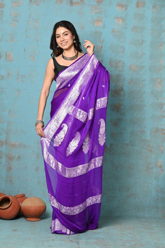 Suhaani ~ Handloom Khaddi Georgette Saree With Sleek Border ~ Purple (Silk Mark) view 4