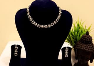 Stunning rhodium plated square-shaped American diamond necklace set with earrings for women
