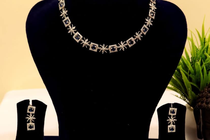 Stunning rhodium plated square-shaped American diamond necklace set with earrings for women view 3