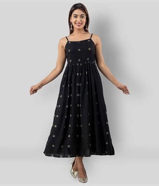 FABRR Women Rayon Printed Fit & Flare Dress ( Black )