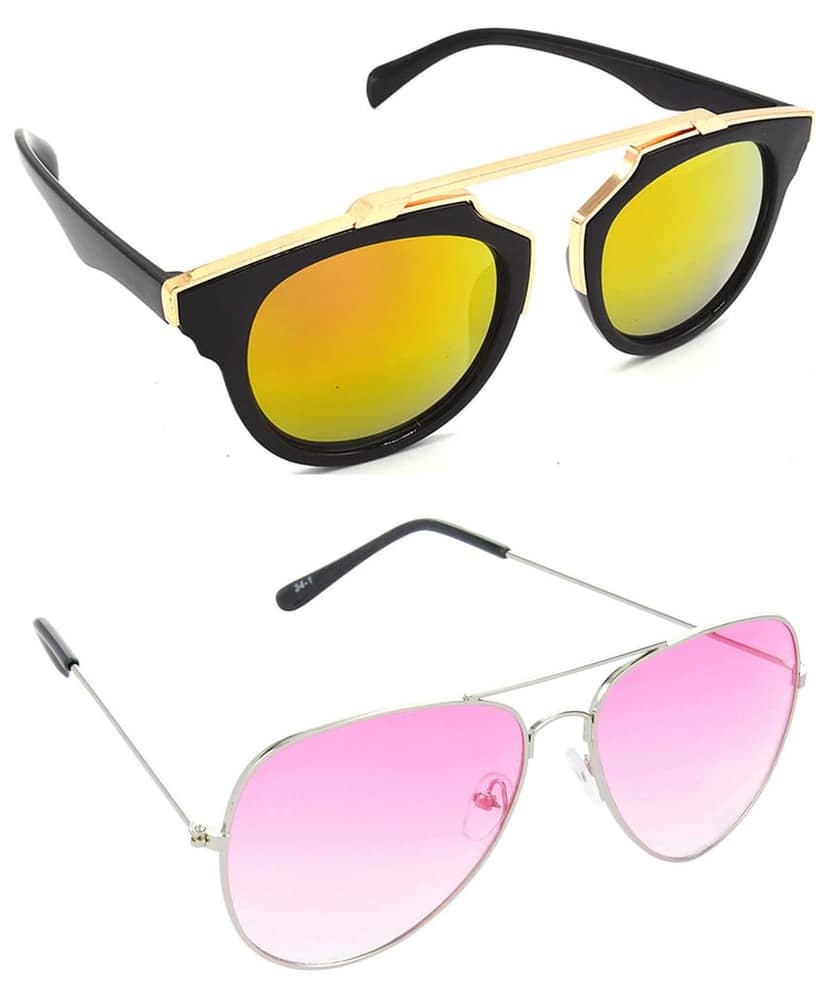 HRINKAR Unisex Wrap-around Sunglasses Golden & Silver Frame, Golden & Pink Lens (Medium) - Pack of 2