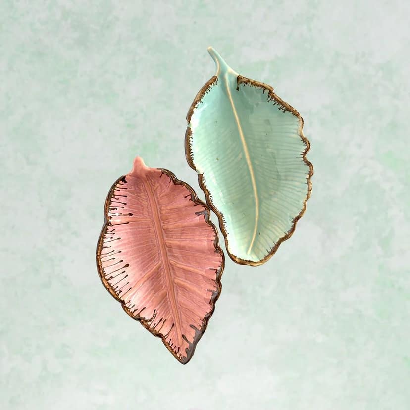Ceramic Pink & Green Leaf Shaped Serving Tray Set of 2 view 2