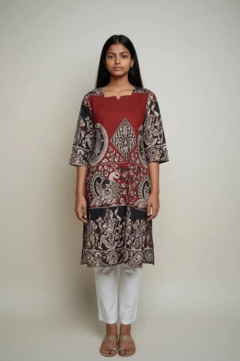 Pattachitra Print Cotton Kurti Black Maroon Cream