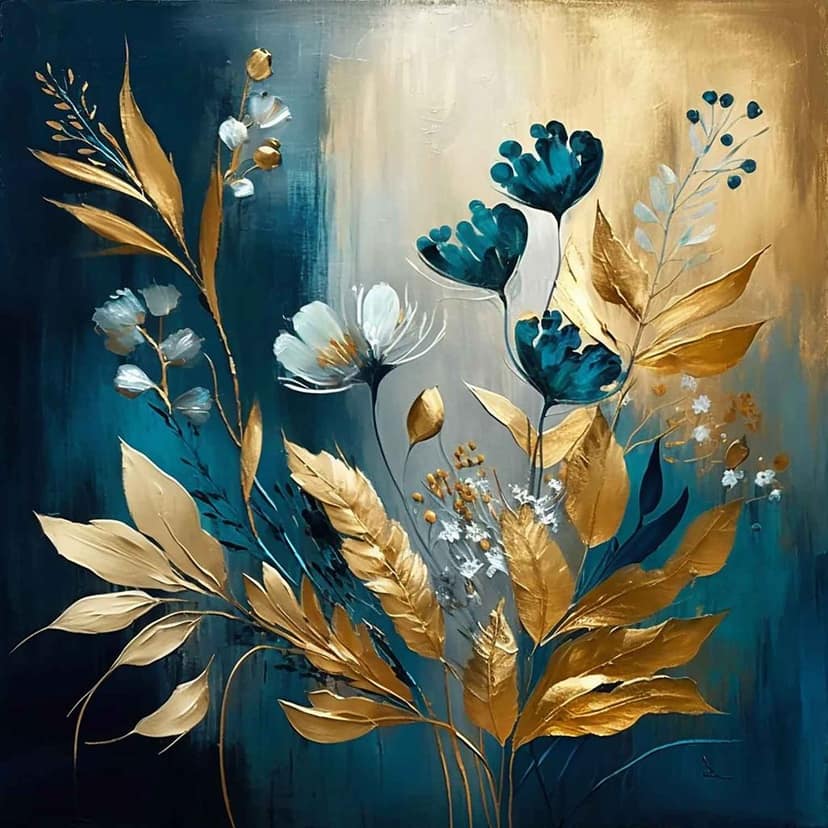 BLUE AND GOLD SEAMLESS FLOWERS PATTERN 24in X 24in WITH BLACK FRAME view 2