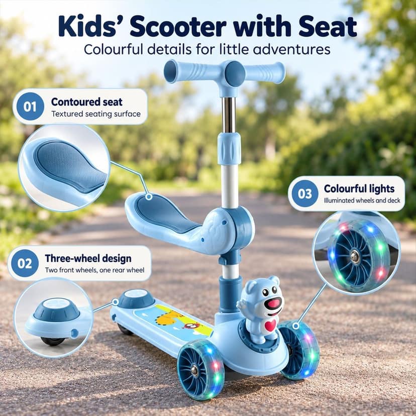 Kids 3 Wheel Kick Scooter with Seat and Adjustable Handlebar (1 Pc) view 2