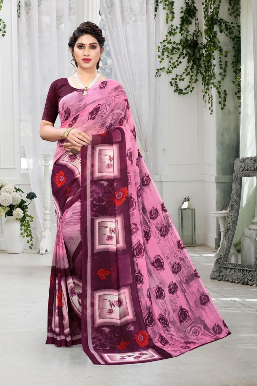 TheHangr Women's Heavy Georgette Saree With Beautiful Print With Blouse Piece - Pink
