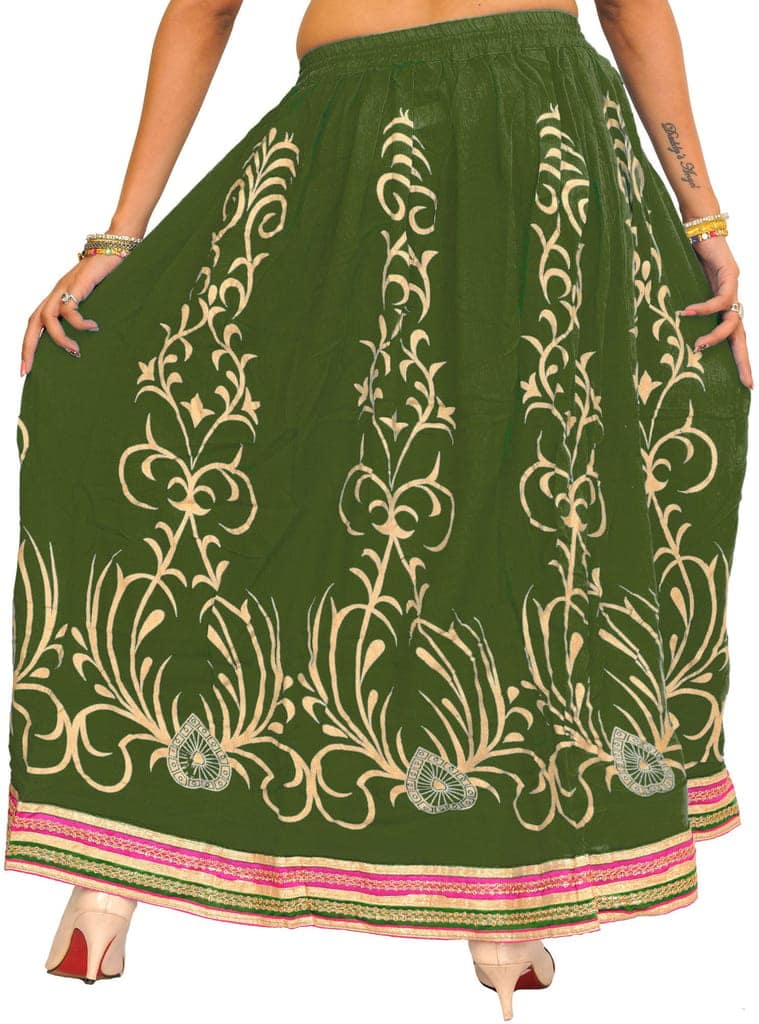 Bronze-Green Printed Long Skirt with Embellished Patch Border view 3