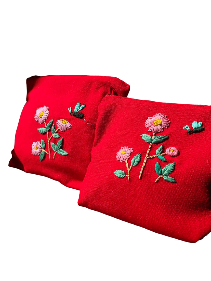Charming Red Travel Pouch Set with Daisy & Butterfly Embroidery - Large & Small Handloom Fabric Organizers view 2