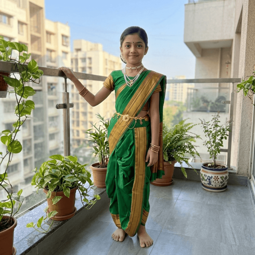 Mom and Me Peshwai Nauwari Saree for Kids (1–10 Years) Ready to Wear Maharashtrian Traditional Dress | Belgaon Silk with Cotton Lining | Stitched Blouse Included (Green, 14-15 Yeras) view 3