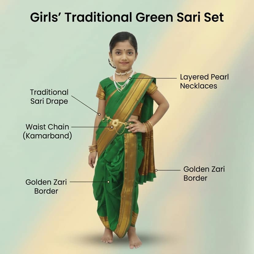 Mom and Me Peshwai Nauwari Saree for Kids (1–10 Years) Ready to Wear Maharashtrian Traditional Dress | Belgaon Silk with Cotton Lining | Stitched Blouse Included (Green, 14-15 Yeras) view 4