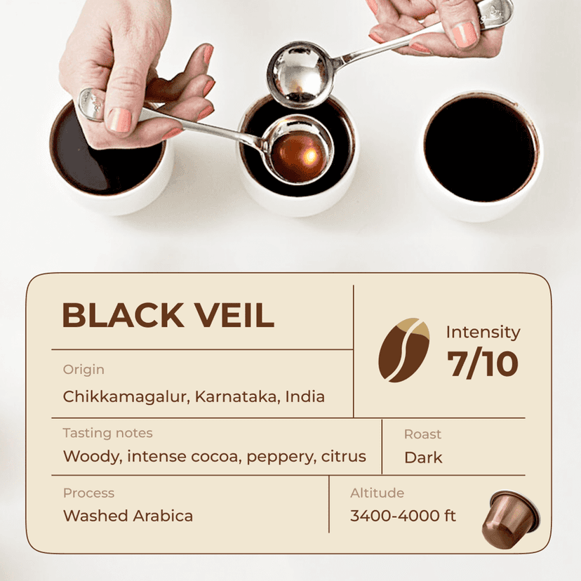 Black Veil Espresso Pods - Intensity 7/10 | Nespresso Compatible | Dark French Roast | Premium AAA Grade Beans | Aluminum Capsules view 3